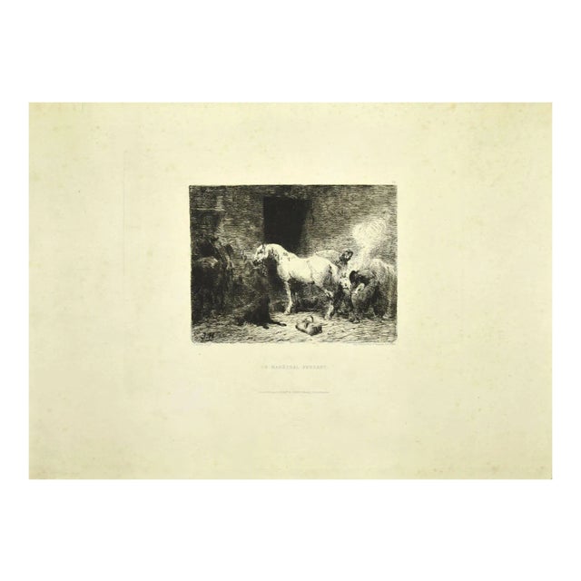 Stable - Original Etching on Paper by Jules Hereau - Late 19th Century Late 19th Century For Sale