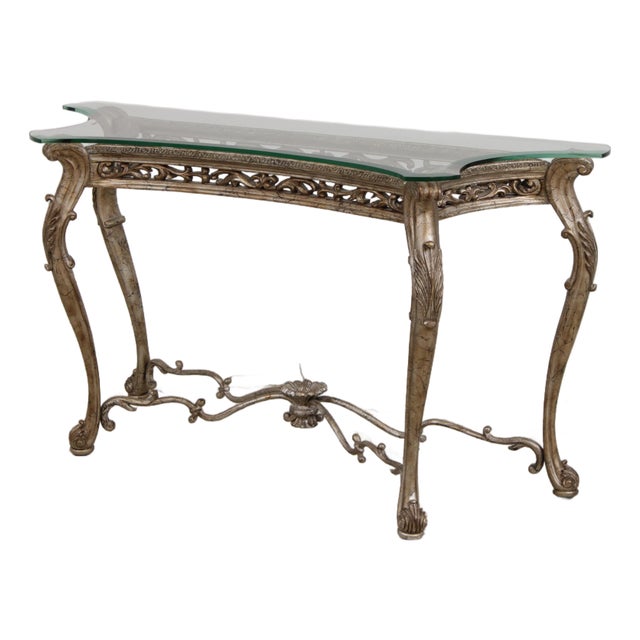 Vintage Silver Finish Glass Top Console Table For Sale