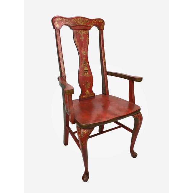 Early 20th Century Vintage Red Lacquer Chinoiserie Style Wooden Arm Chair For Sale - Image 4 of 6