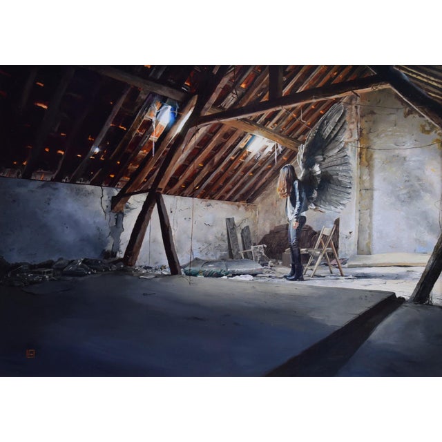 Untold by Linda Delahaye | Oil on panel Woman with wings in an empty attic space. For Sale