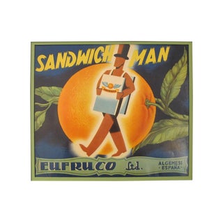 1920's Original Vintage Spanish Fruit Crate Label - Sandwich Man - Eufruco Ltd. Algemesi Espana For Sale