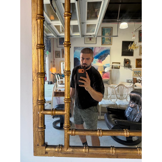 1970’s La Barge Hollywood Regency Faux Bamboo Gilt Greek Key Wall Mirror For Sale - Image 9 of 12
