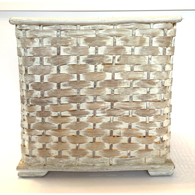 Vintage White Washed Ratan Wicker Rectangular Basket Bin Wastebasket For Sale - Image 10 of 10