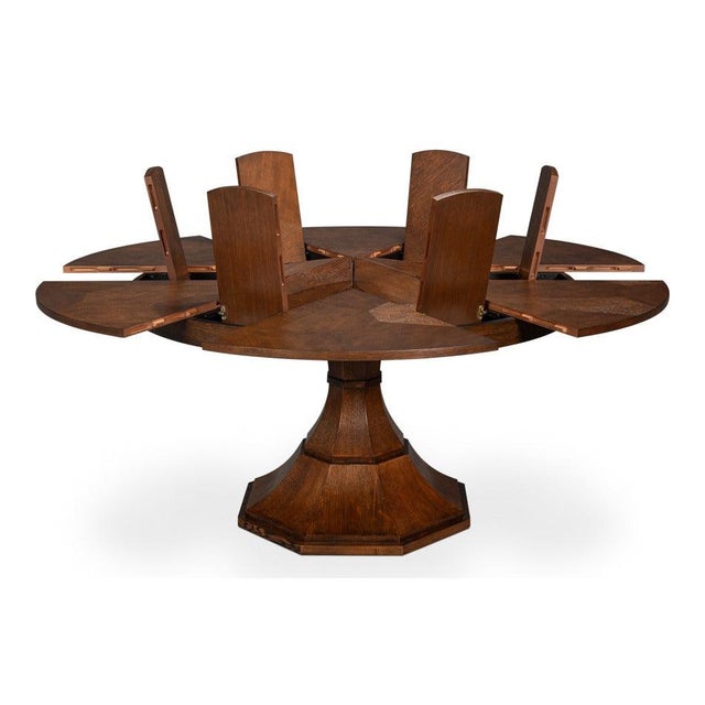 Not Yet Made - Made To Order Transitional Round Dining Table, Medium - Warm Brown Oak With Faceted Pedestal Base For Sale - Image 5 of 11