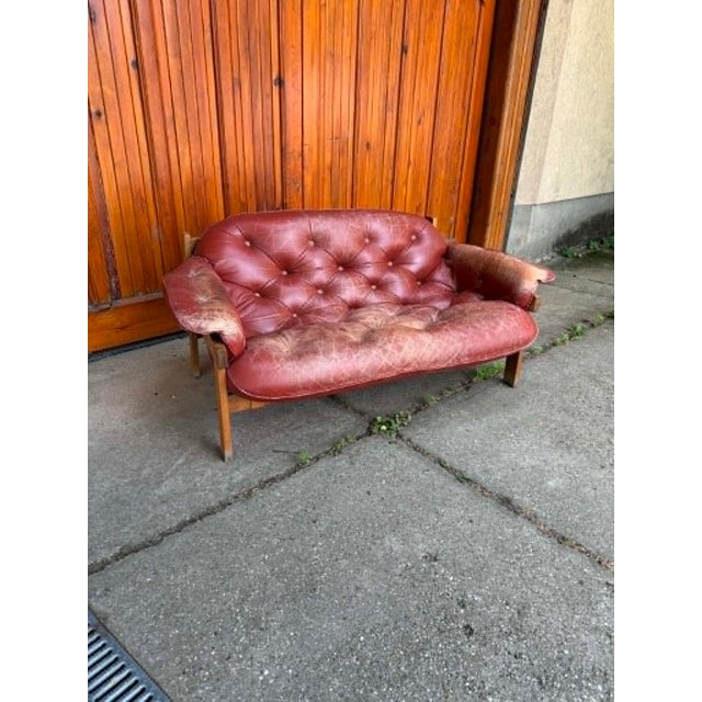 Animal Skin Mid-Century Modern Leather and Wood 2-Seater Sofa by Ipoly Bútorgyár, Hungary, 1960s For Sale - Image 7 of 8