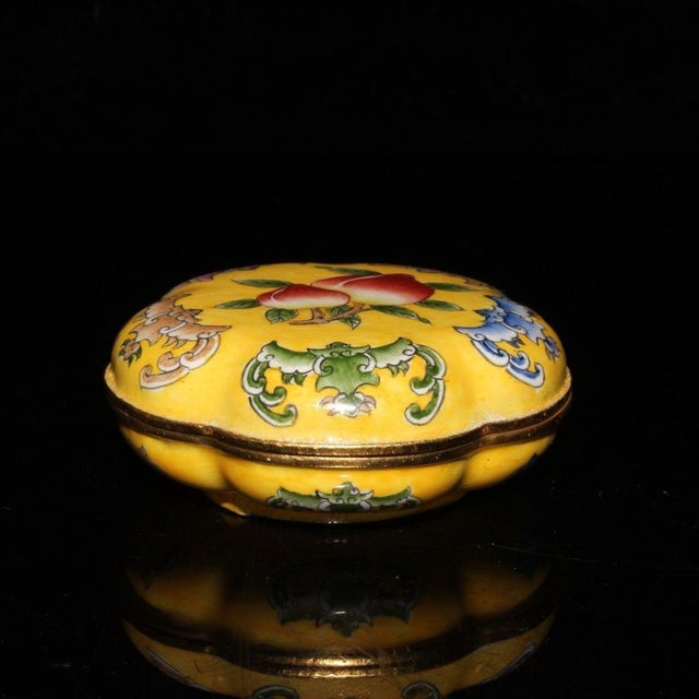 Asian Cloisonné Enamel Trinket Box | Yellow Peach & Bat Motif | 2.5" Wide For Sale - Image 3 of 9