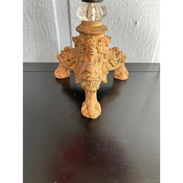Late 20th Century Retro Excelsior Table Lamp, Iron Column and Red Lamp Shade Paw and Ball Feet For Sale In West Palm - Image 6 of 12