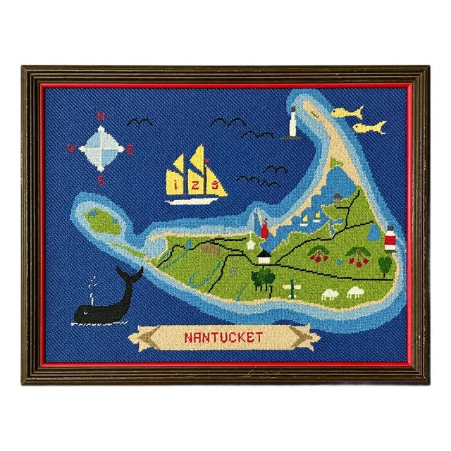 Vintage Nantucket Island Needlepoint Map Framed Coastal Wall Art For Sale