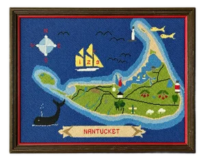 Vintage Nantucket Island Needlepoint Map Framed Coastal Wall Art