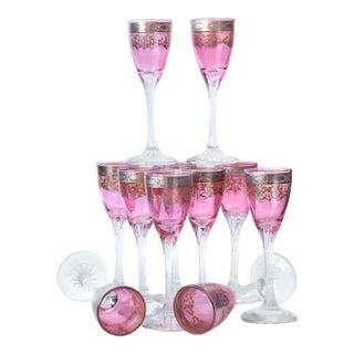 1920s Platinum & Cranberry Flash Stems, 11pcs For Sale