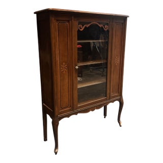 Antique Queen Anne Style Walnut Display Cabinet Bookcase Curio, C. 1920s For Sale