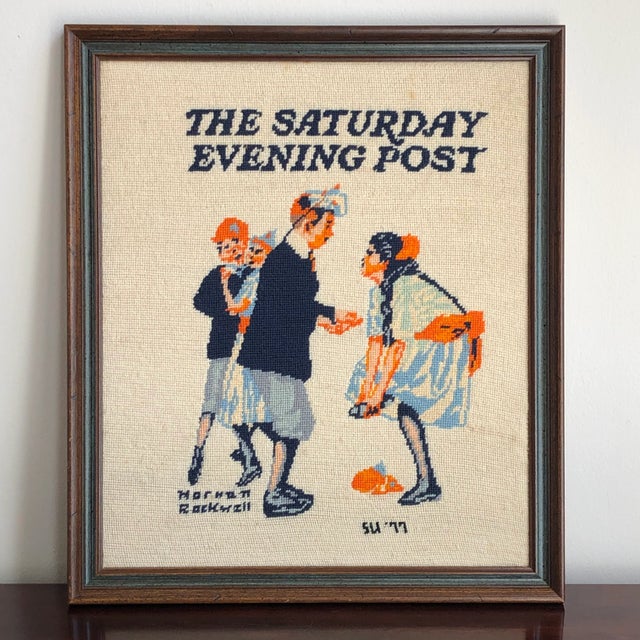 1970s 1977 Norman Rockwell Framed Needlepoint For Sale - Image 5 of 9