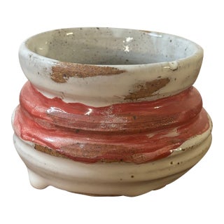 Vintage American Studio Pottery Vase - White Glaze Red Stripe Signed For Sale