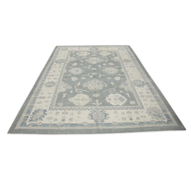 Early 21st Century Gray Floral Design Handwoven Wool Turkish Oushak Rug 9'1" X 11'9" For Sale In Houston - Image 6 of 8