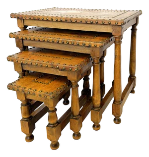 Vintage Spanish Revival Leather and Wood Nesting Tables- Set of 4