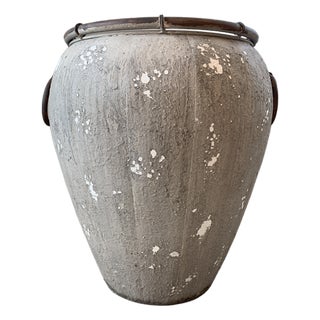 Asian-Inspired Contemporary Planter With Rustic Patina & Brass Handles For Sale