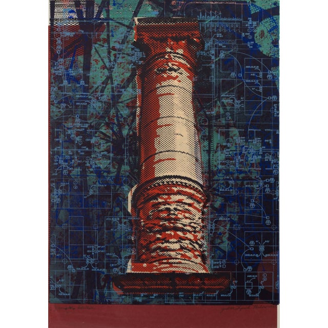A color serigraph depicting a classical column rendered in red and cream tones against a layered blue and green ground...