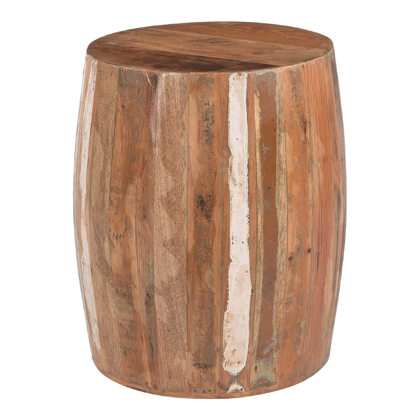 Farmhouse Style Reclaimed Wood Round Drum Side Table | Chairish