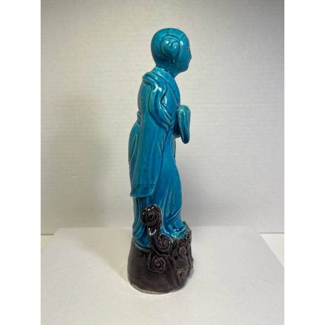 1940s 1940s Republic Period Chinese Turquoise Blue Glazed Porcelain Figurine by 鄧榮昌造 Deng RongTzan For Sale - Image 5 of 7