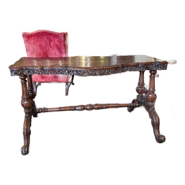 Antique Victorian Ornately Carved Wood Library or Console Table For Sale