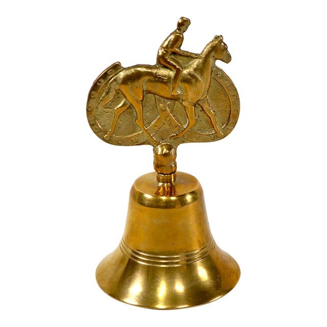 Vintage Mid-Century Solid Brass Equestrian Hand Bell - Horse & Jockey For Sale