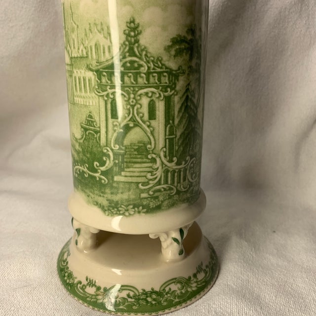 English Style Green Toile Transferware Footed Ceramic Vase 10” French Country For Sale - Image 4 of 7