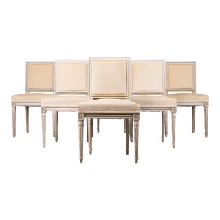 Antique French Louis XVI Style Painted Square Back Dining Chairs W/ Butter Cream Velvet - Set of 6 For Sale