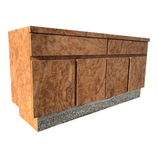 Milo Baughman Style Modern Burl With Chrome Base Credenza For Sale
