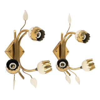Mid-Century Brass Tulip Flower Wall Sconces, Italy, 1950s, Set of 2 For Sale