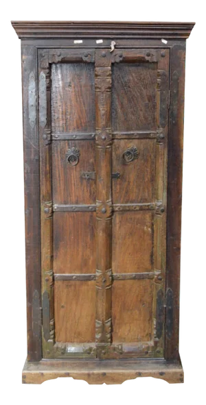 Indian 19th Century Armoire with Metal Braces and Hand-Carved Half Columns