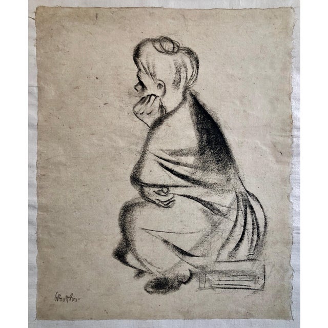 Mid 20th Century William Gropper, Charcoal Drawing "Waiting" Pensive Woman Americana WPA Artist For Sale