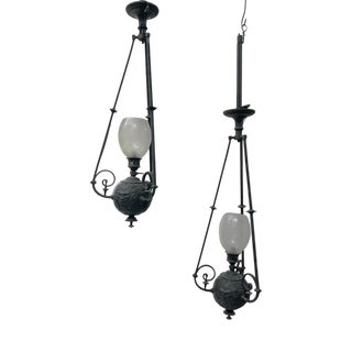 Patinated Bronze Ball Pendant Light, 1800s, Set of 2 For Sale