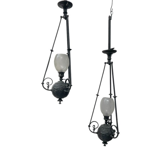 Patinated Bronze Ball Pendant Light, 1800s, Set of 2 For Sale