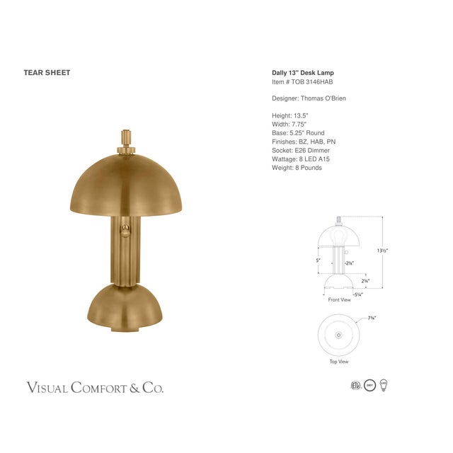 Thomas O'Brien by Visual Comfort Signature Dally 13" Desk Lamp in Hand-Rubbed Antique Brass Designer: Thomas O'Brien...