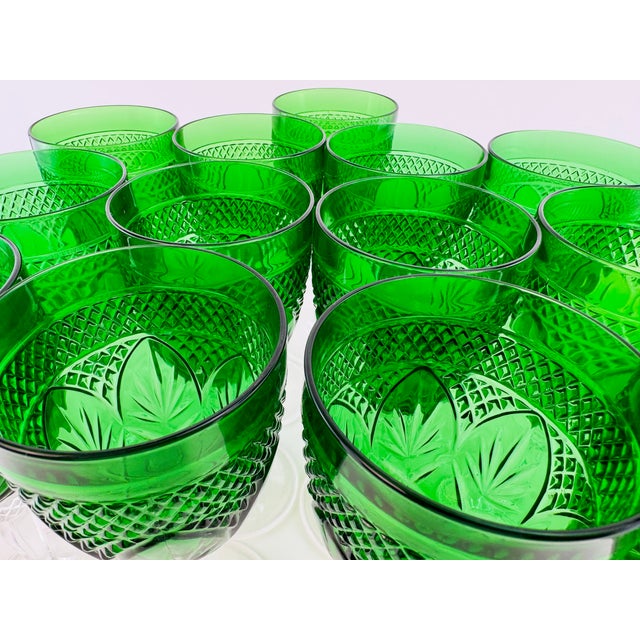 Vintage Emerald Green Pressed Glass Water Goblets With Clear Stems, Set of 13 For Sale - Image 9 of 13
