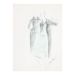 Gibson Bayh Fashion Illustration in Blue and Black Ink and Gouache Drawing, 1950s For Sale