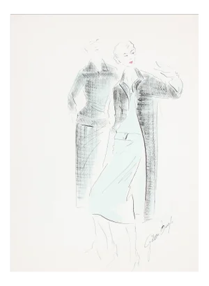 Gibson Bayh Fashion Illustration in Blue and Black Ink and Gouache Drawing, 1950s