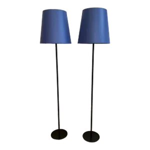 Pair of Late 20th Century Floor Lamps in Matte Black Metal With Blue Fabric Shades