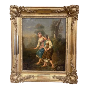Early 19th Century French Oil on Canvas Pastoral Painting in Carved Gilt Frame