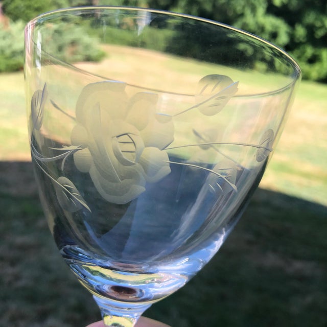 Vintage Rose Pattern Etched Wine Glasses S/3 For Sale - Image 4 of 6