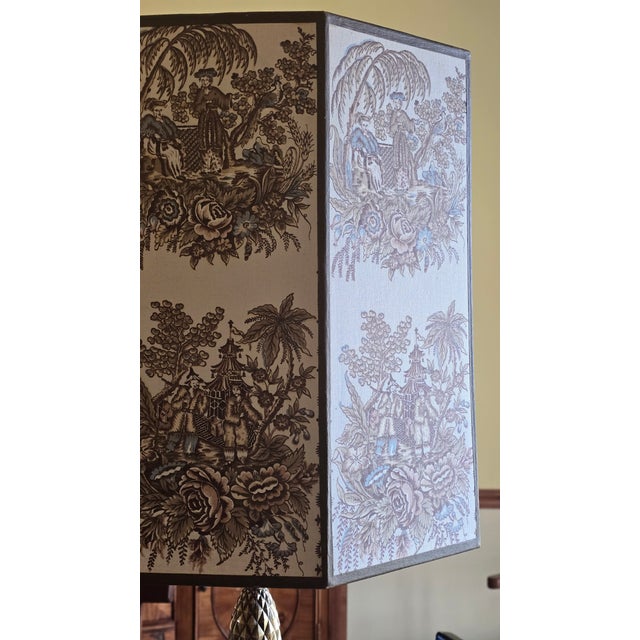 Vintage Stiffle Brass Lamp With Chinoiserie Shade For Sale - Image 9 of 13