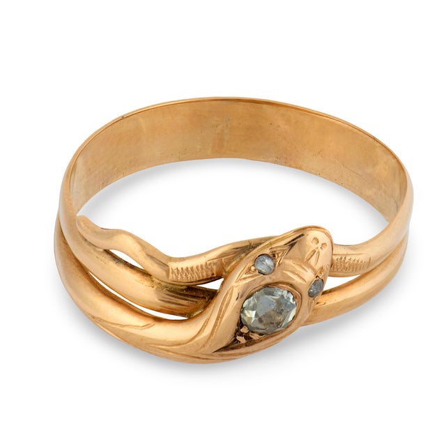 Victorian 19th Century Victorian Rose Cut Diamond 14k Rose Gold Snake Ring, Size 11.5 For Sale - Image 3 of 6