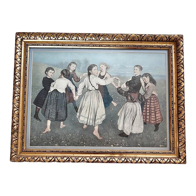 Gilded Framed Vintage German Lithograph of Hans Thoma's "Children's Ring Dance" For Sale