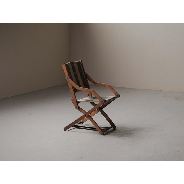 Wood French Folding Campaign Chair in Wood and Striped Canvas, 1900s For Sale - Image 7 of 16