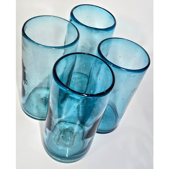 Glass Mediterranean Blue Blown Glass Tumblers- Set of Four For Sale - Image 7 of 11