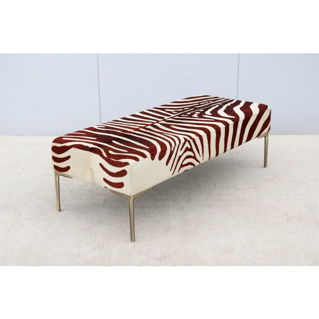 Brown Mid-Century Modern Zebra Hide Ottoman / Coffee Table With Brushed Bronze Legs For Sale - Image 8 of 18