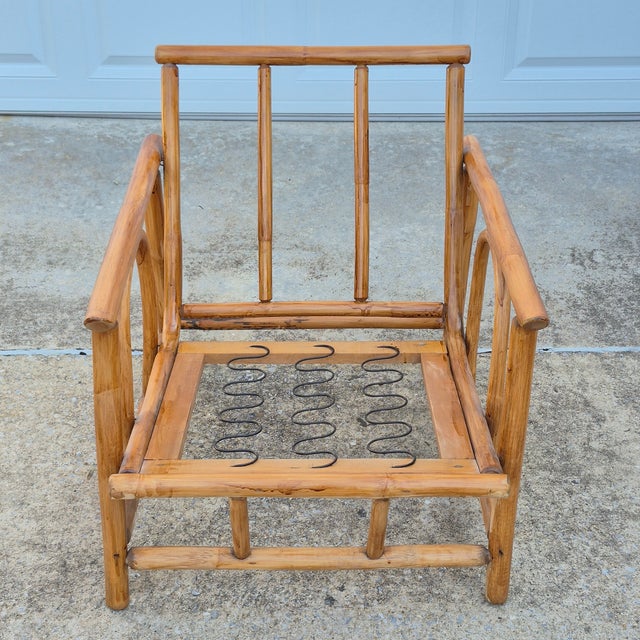 1960s Ficks Reed Style Pagoda Rattan Bamboo Lounge Chair Tapestry Covered Cushions For Sale - Image 9 of 12