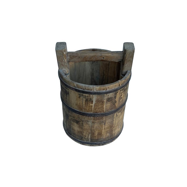 Vintage Rustic Raw Tan Round With Handle Wood Bucket For Sale - Image 4 of 5
