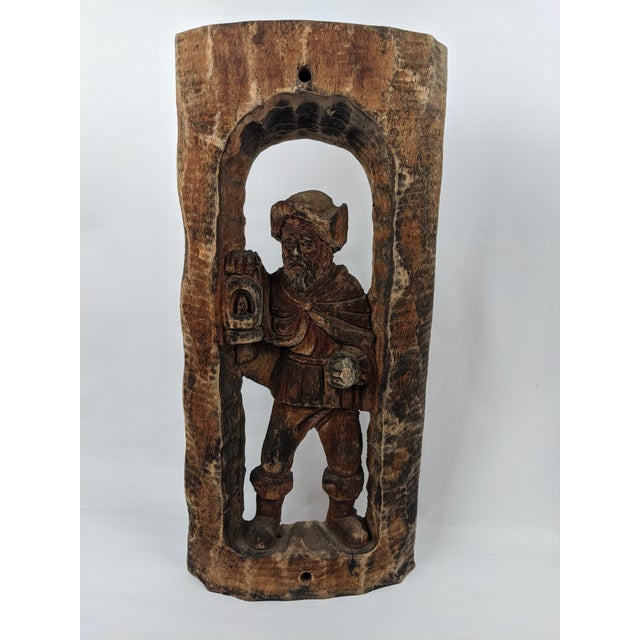 Rustic European Pair of Mid-Century European Hand-Carved Wood Watchman Figural Relief Panels, Brown For Sale - Image 3 of 12