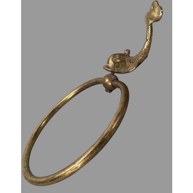 Mid 20th Century Vintage Brass Finish Figural Dolphin Koi Fish Wall Hanging Towel Ring Holder For Sale - Image 5 of 8